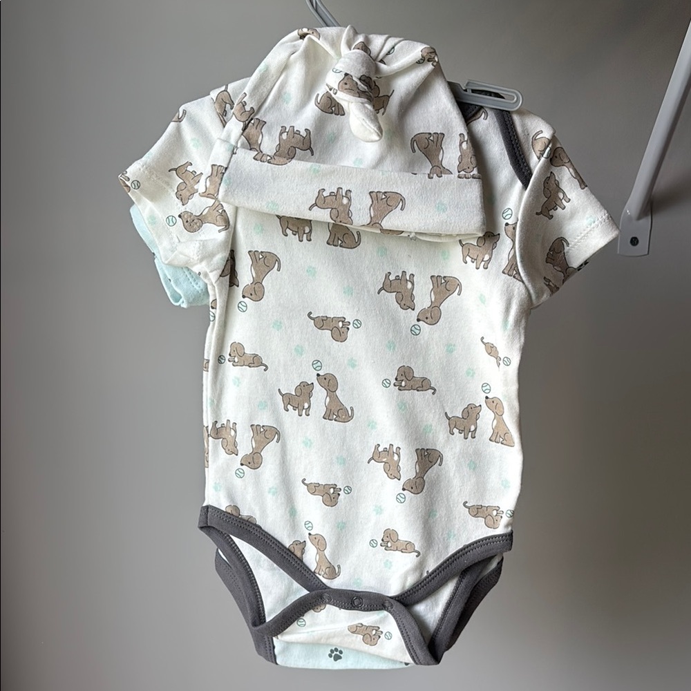 Adorable Puppy Print Baby Onesie Set with matching hat